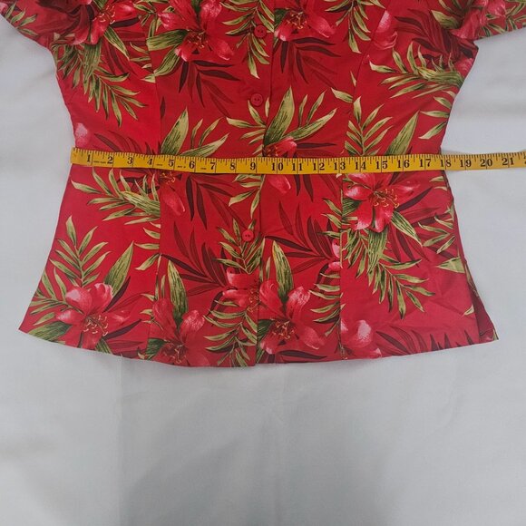 Silkland 100% Pure Silk Red Floral Print Button Front 3/4 Sleeve Blouse Size 10 - Picture 10 of 12